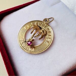 Adorable Solid 10K Gold Palm Tree Florida Pendant/Charm with Pink Gem